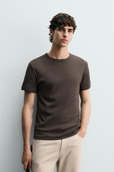 REGULAR FIT RIB T-SHIRT - Brown by Zara