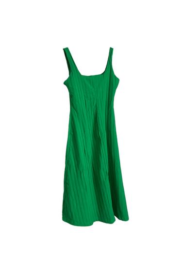 Green sleeveless ribbed dress with a square neckline, on a white background.