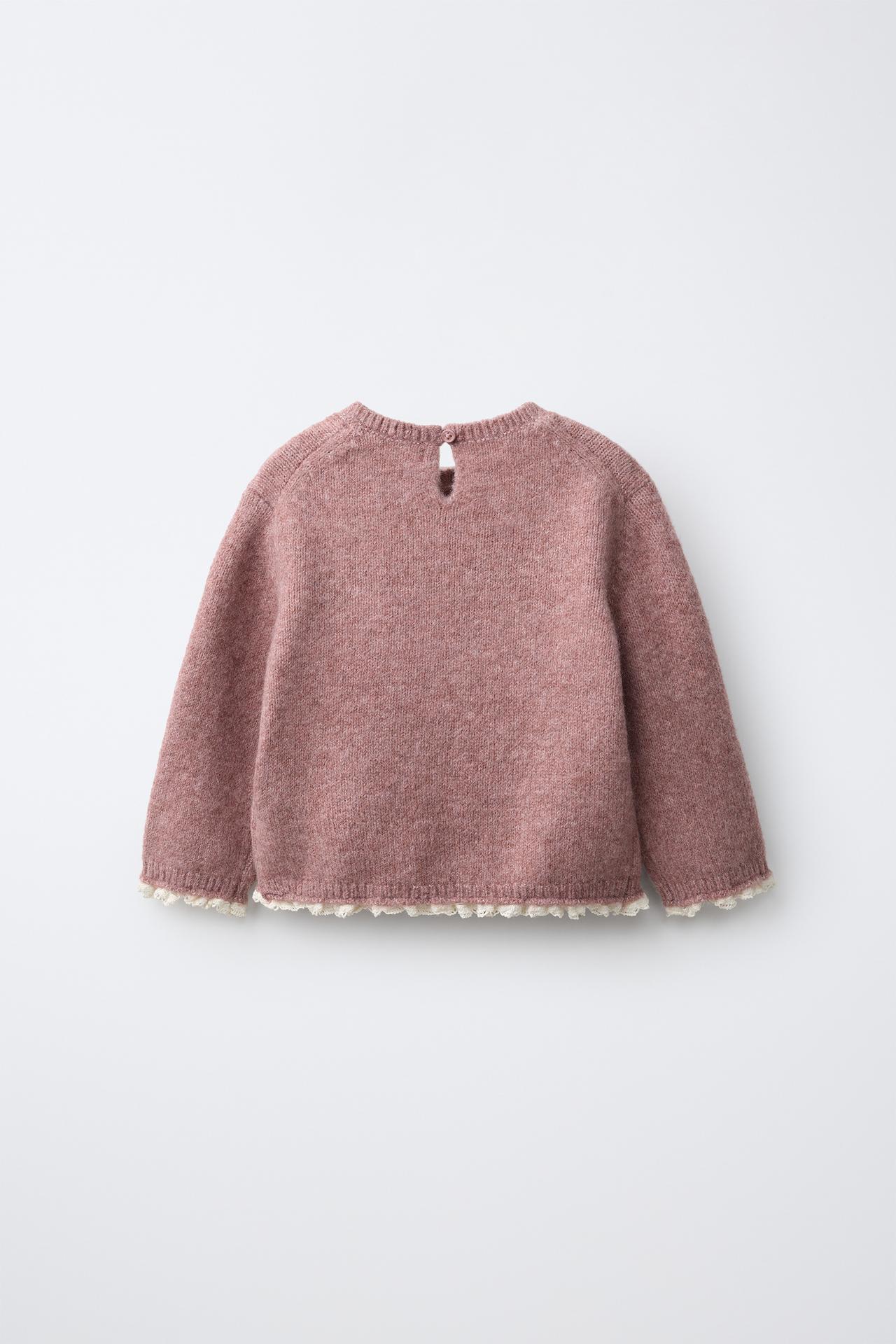 EMBROIDERED FLORAL KNIT SWEATER — Pink