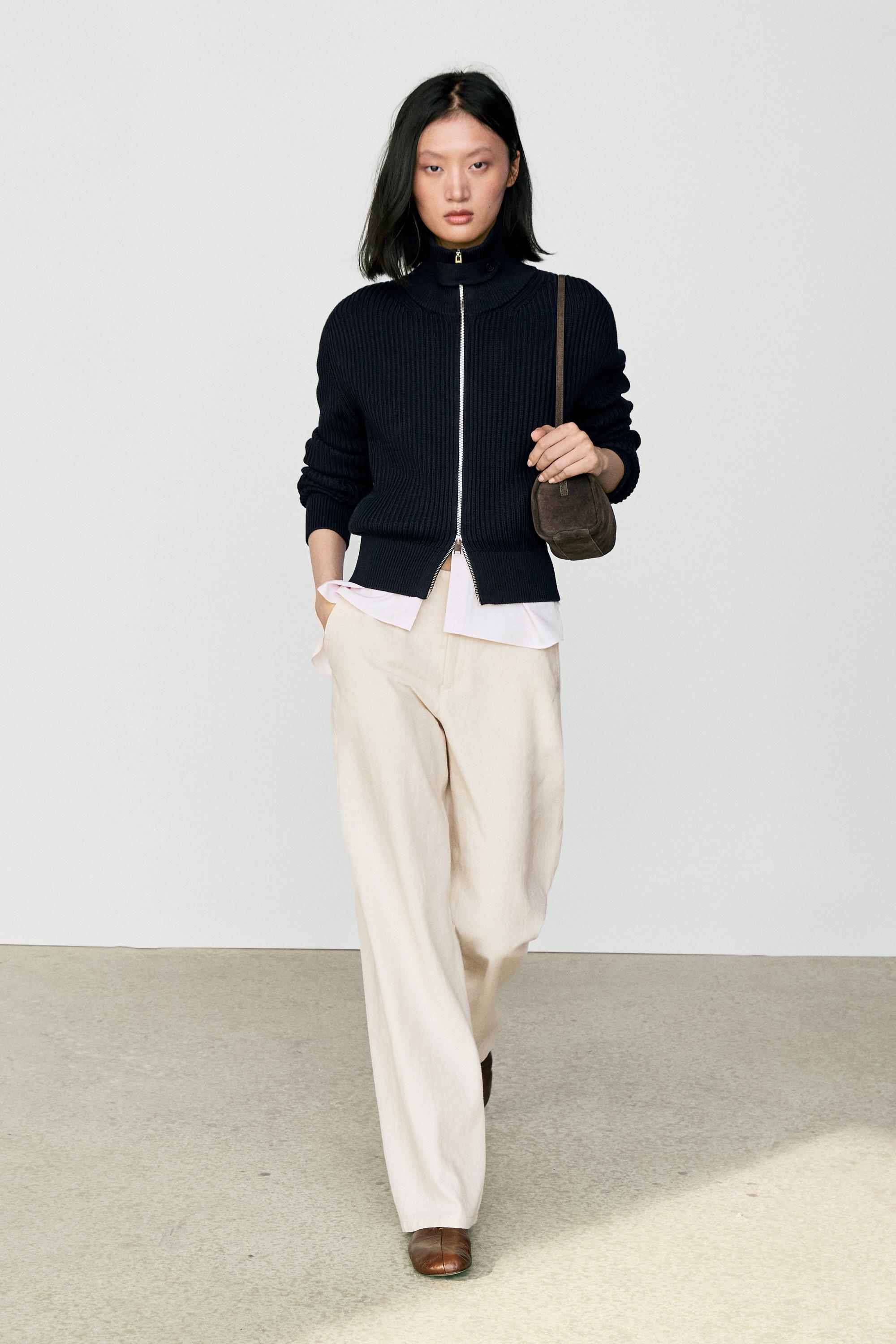 100% cotton knit cardigan with high neck detail — Navy blue