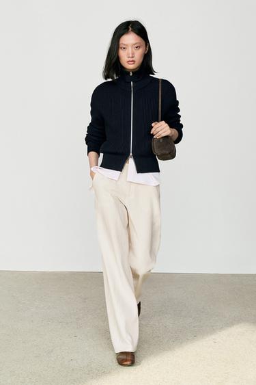 Zara 100% cotton knit cardigan with high neck detail - Navy blue