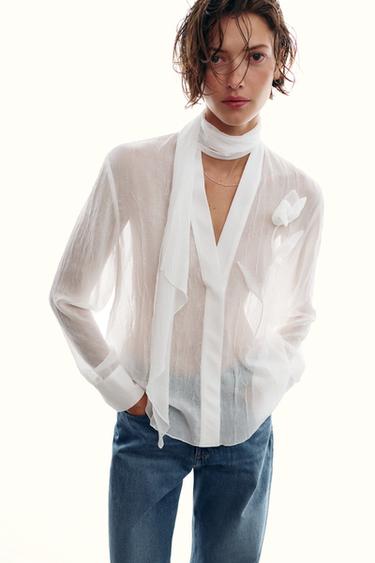 Zara SEMI-SHEER FLOWER BLOUSE - White