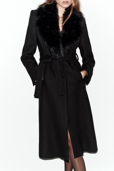 Zara WOOL COAT WITH FAUX FUR LAPEL AND BELT - Black