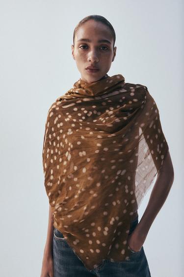 Zara MODAL SILK PRINTED SCARF - Ecru / Brown