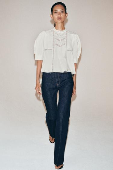 Chemisier Zara Bleu Brodé En Coton - Manches Courtes Et Coupe Taille L