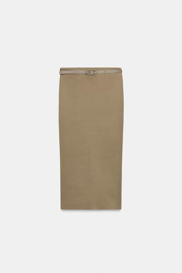 JUPE EN MAILLE CEINTURE - Kaki clair de Zara