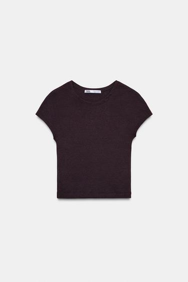 CAMISETA CROP MANGA CORTA - Marrón de Zara