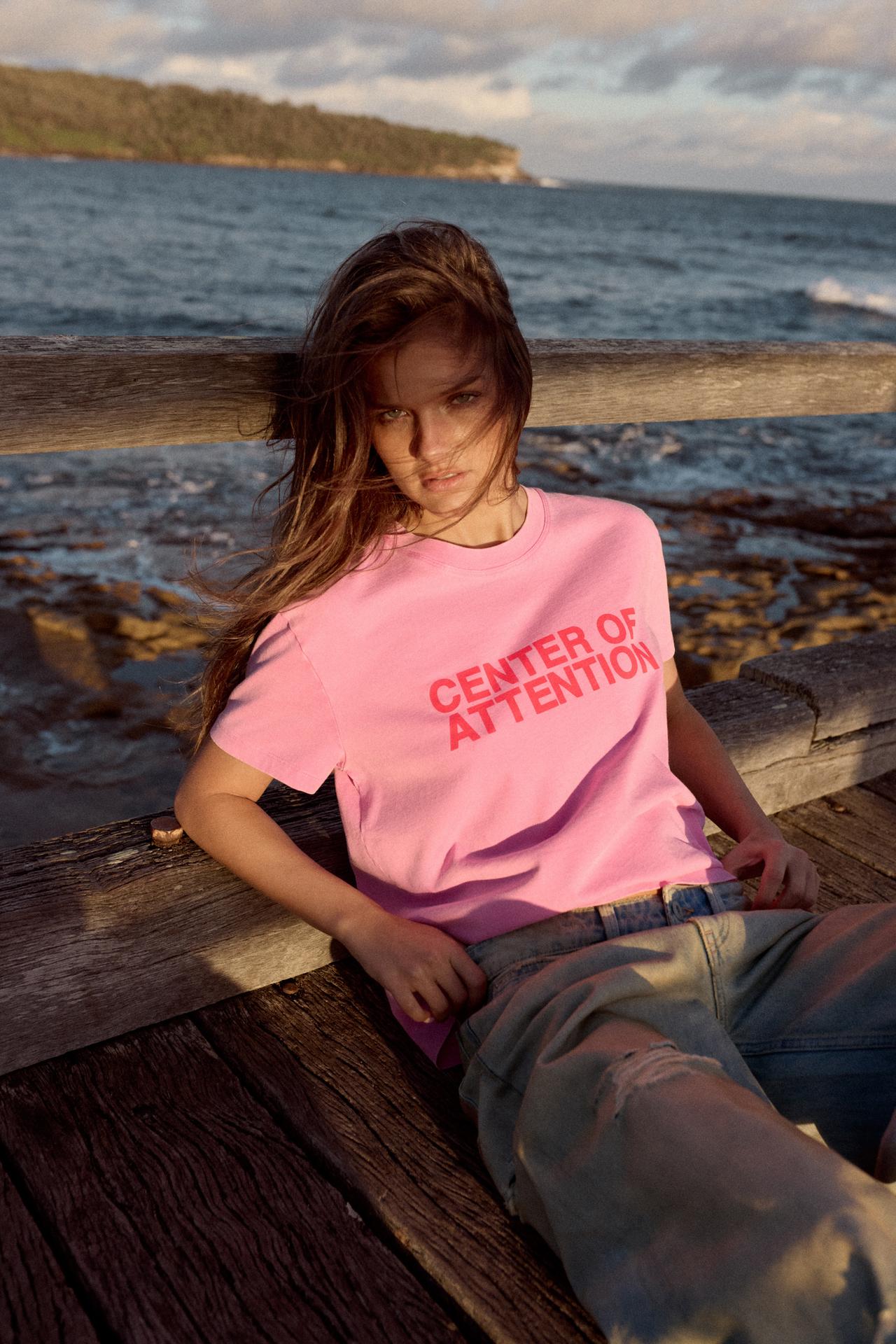 WASHED EFFECT TEXT T-SHIRT — Pink