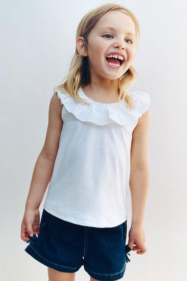 Zara SWISS EMBROIDERED RUFFLE TOP - White