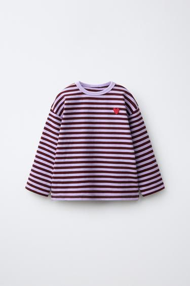 T-SHIRT À RAYURES ET CŒUR BRODÉ - Mauve de Zara