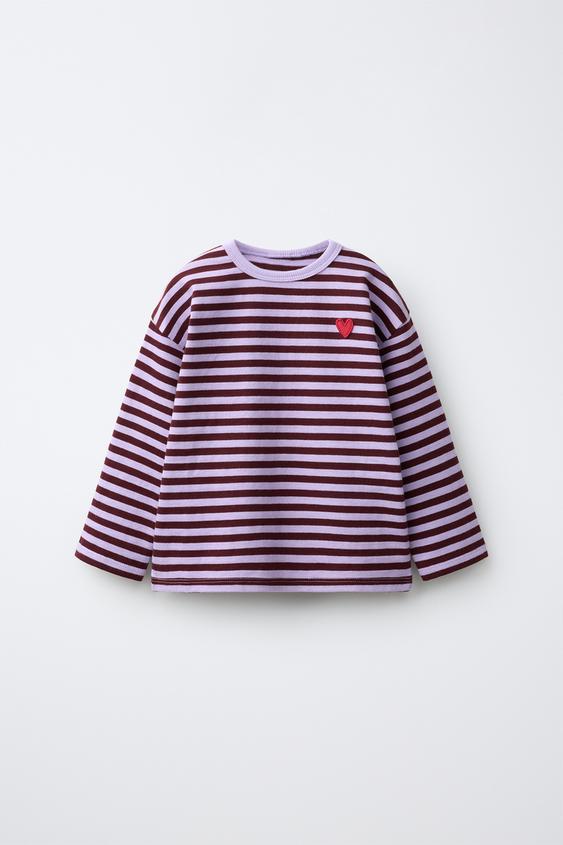STRIPED HEART EMBROIDERY T-SHIRT - Mauve by Zara - Image 0