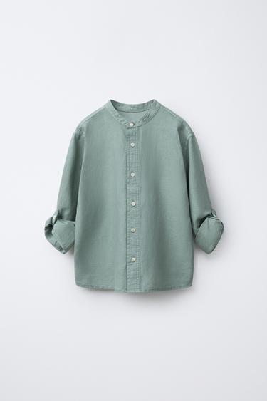 CAMISA CUELLO MAO CON LINO Y ALGODÓN - Verde de Zara