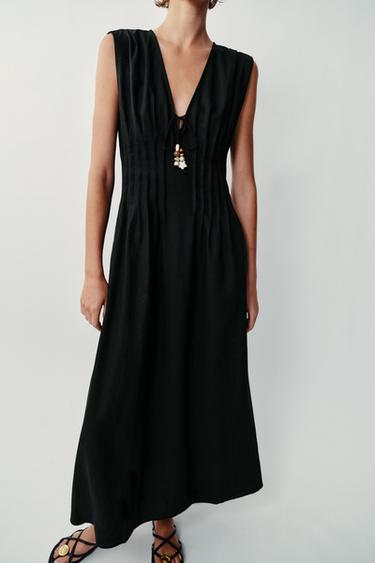 Zara LINEN PINTUCK MIDI DRESS - Black