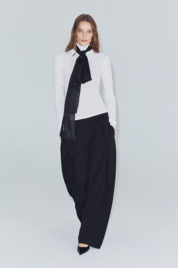 FRINGED TIE-STYLE SCARF — Black