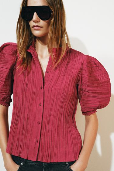 Zara ZW COLLECTION PUFF SLEEVE SHIRT - Dark red