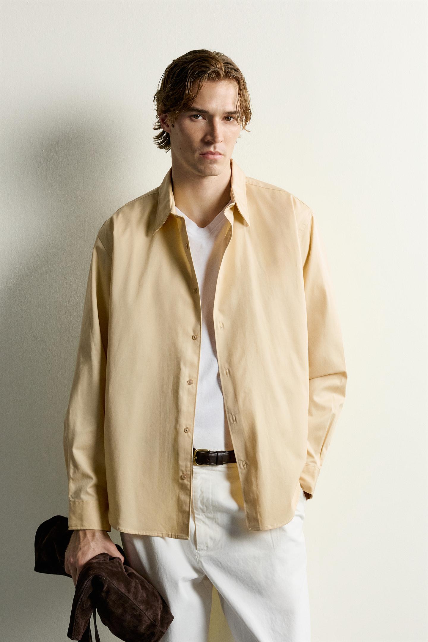 Мужская рубашка Zara Relaxed-Fit Lyocell-Cotton, цвет: Ванильный — фото 2