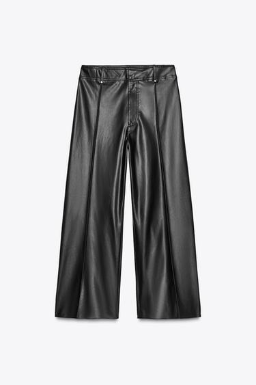 Zara ZW COLLECTION FAUX LEATHER TAILORED WIDE LEG PANTS - Black
