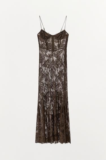 ROBE À ANNEAUX ET BRETELLES EN DENTELLE - Marron foncé de Zara - Image 0