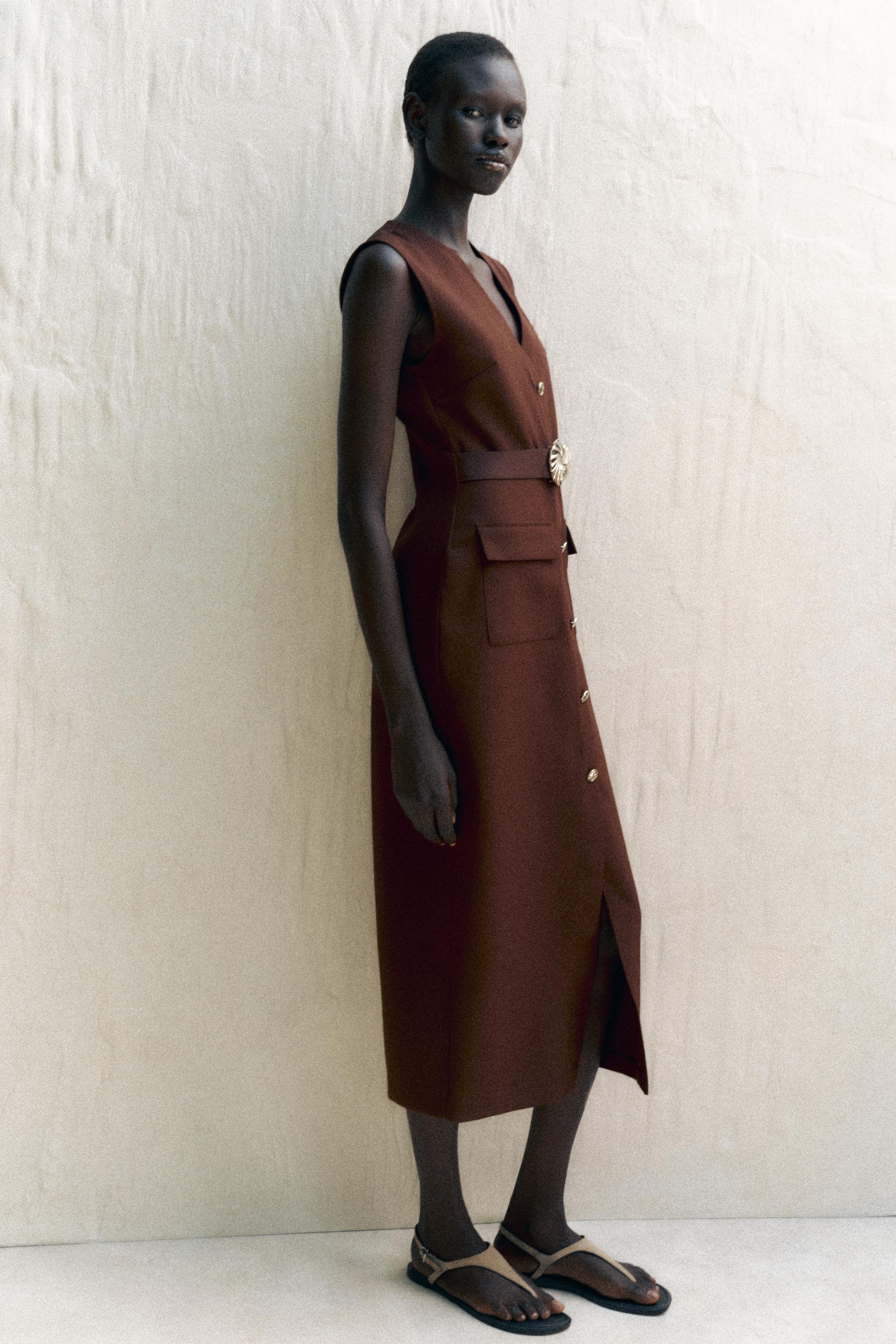 クレープ素材 ベルト付きミディ丈ワンピース - ブラウン | ZARA