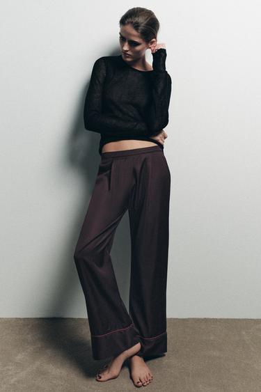 Zaras RANDIG PYJAMASBYXA MED KONTRAST - Brun