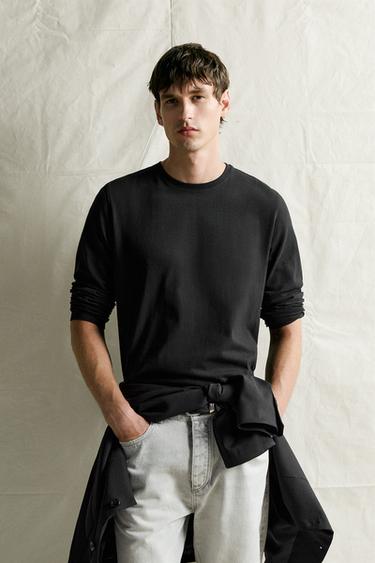 Zara LONG SLEEVE RELAXED FIT T-SHIRT - Black
