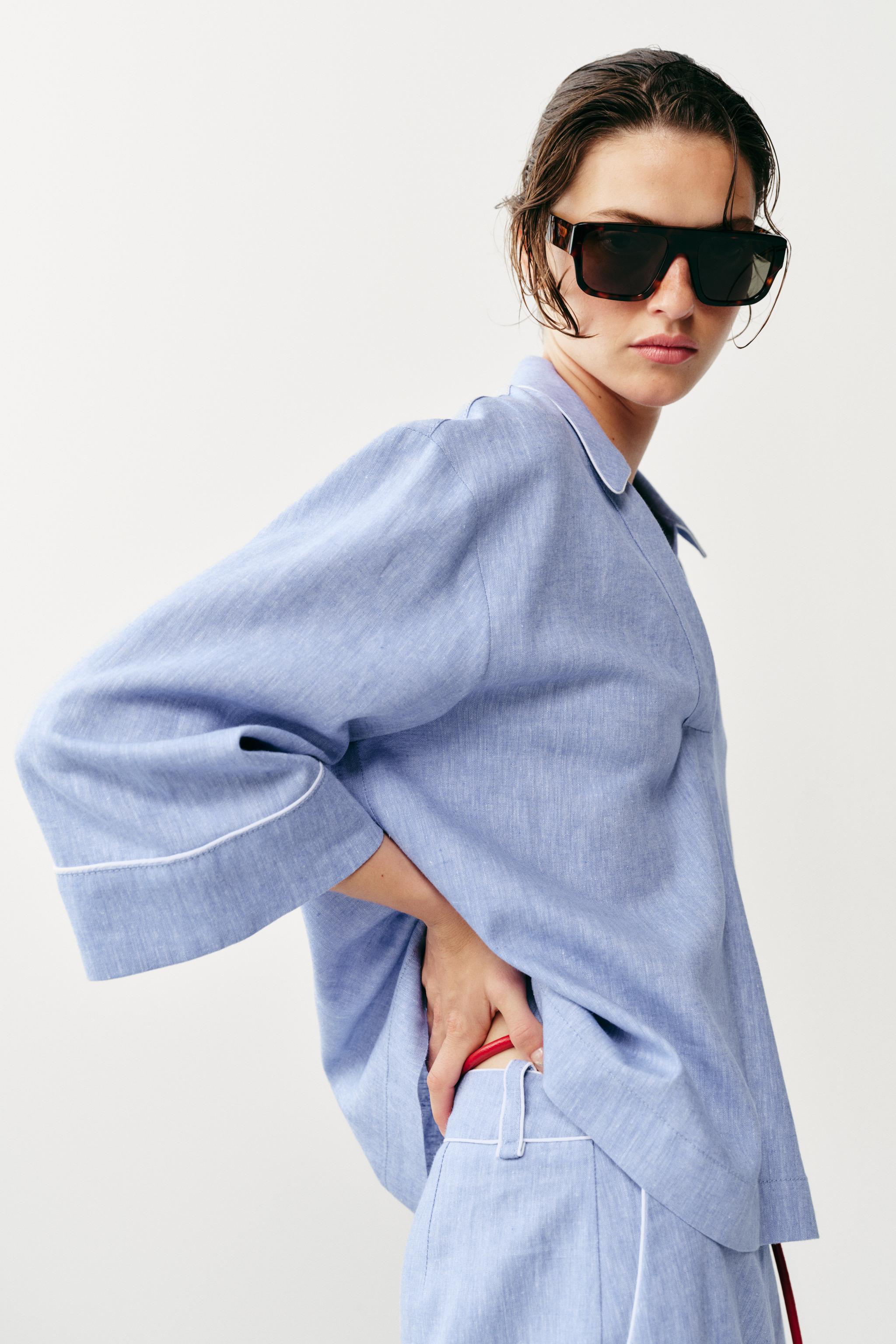 Женские блузки Zara LINEN BLOUSE WITH CONTRAST PIPING — фото 3