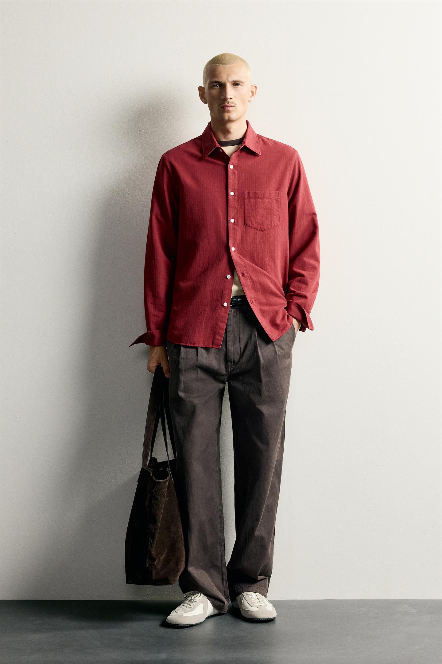 Мужская рубашка Zara Washed Effect Relaxed Fit, цвет: Красный — фото 1