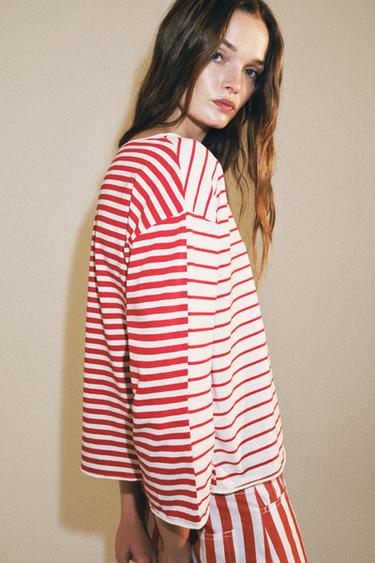 Zara STRIPED RUSTIC T-SHIRT - Red Stripe