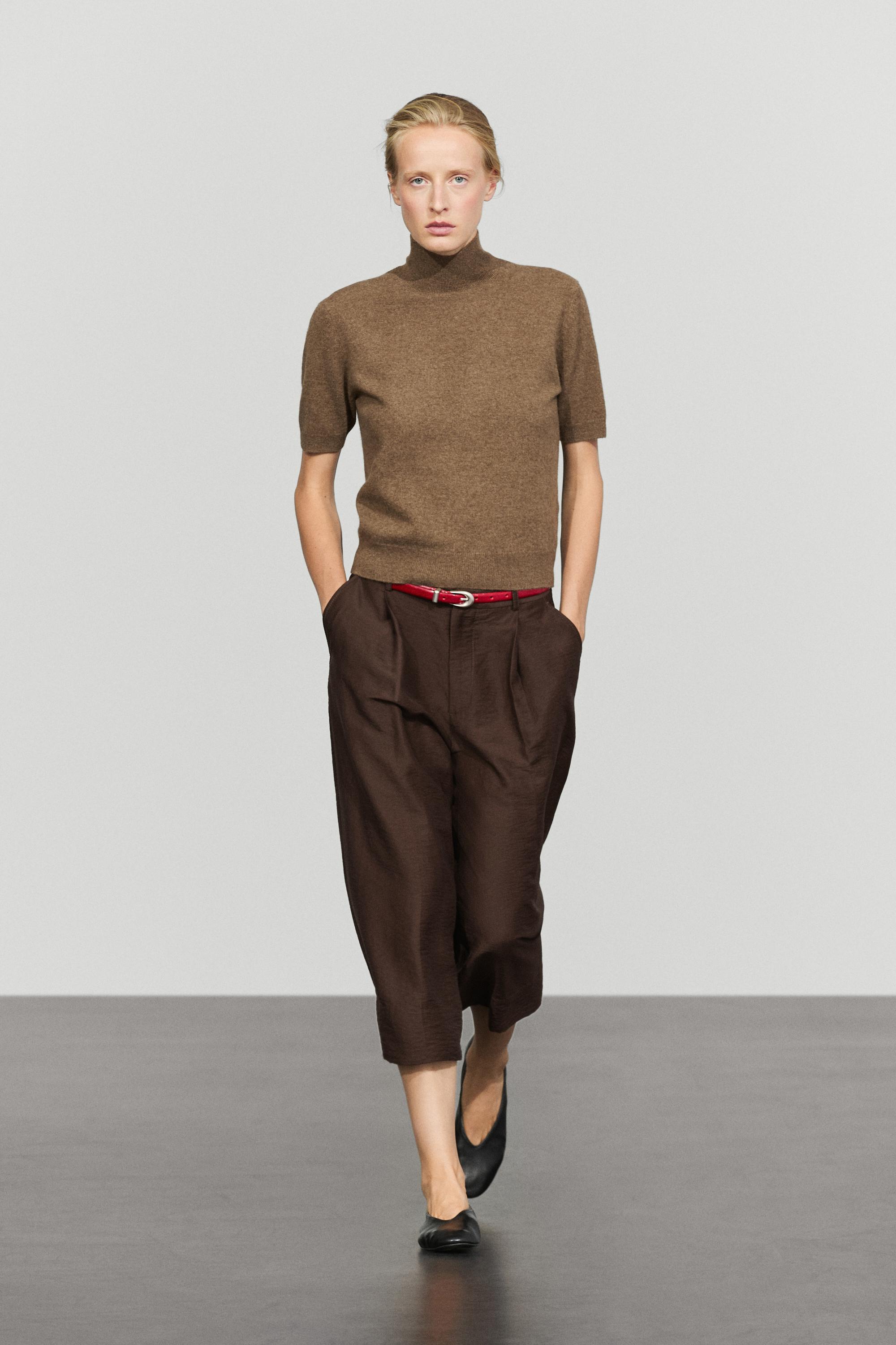 Wool-cashmere blend short sleeve knit sweater — Brown marl