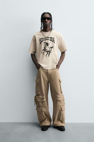 DENIM CARGO TROUSERS WITH POCKETS - camel by Zara - Image 0