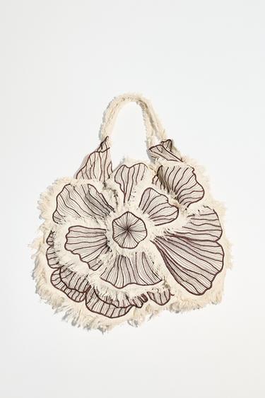 Zara FLORAL EMBROIDERY MAXI SHOPPER - Brown