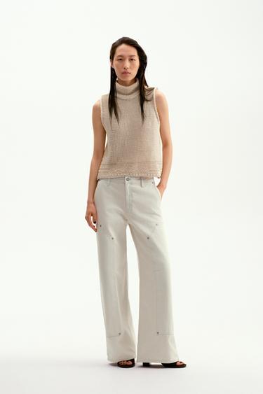 Zara ZW COLLECTION 中腰絆帶牛仔褲 - 裸色