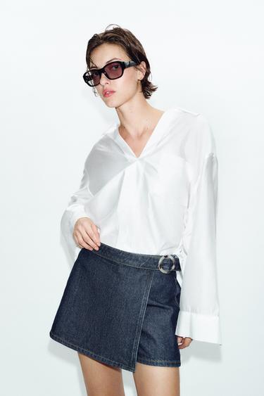 Zara Z1975 系列交叉式鈕扣牛仔短褲裙 - 藍色