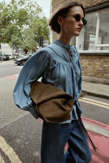 Zara OVERSIZED FLOWY DENIM SHIRT - Mid-blue