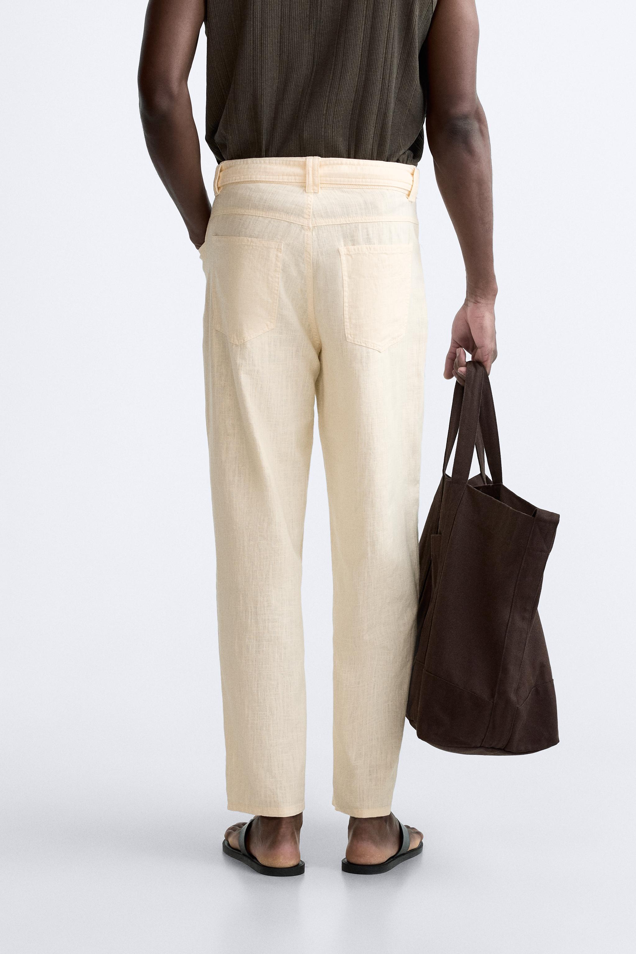 BELTED LINEN - COTTON PANTS - Butter | ZARA United States