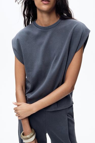 Zara WASHED INTERLOCK T-SHIRT - Blue