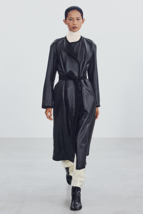 Zara ZW COLLECTION 100% LEATHER COMBINED COAT - Black - Image 0