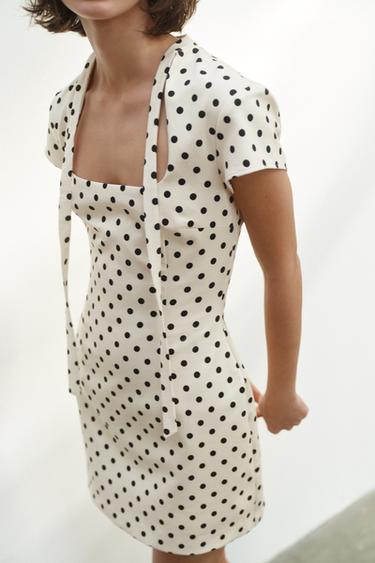 Zara SHORT POLKA DOT TIE DRESS - Ecru / Black