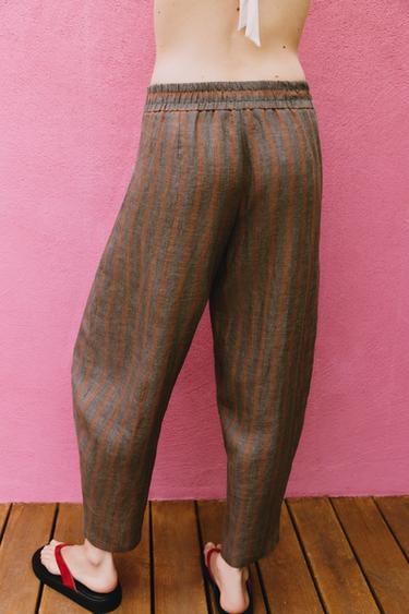 100% LINEN STRIPED TROUSERS - Brown Stripes by Zara - Image 3