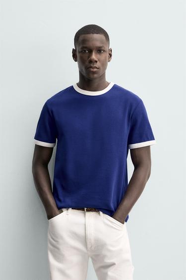 T-SHIRT CÔTELÉ BASIQUE EN CONTRASTE - Bleu / Blanc de Zara - Image 1