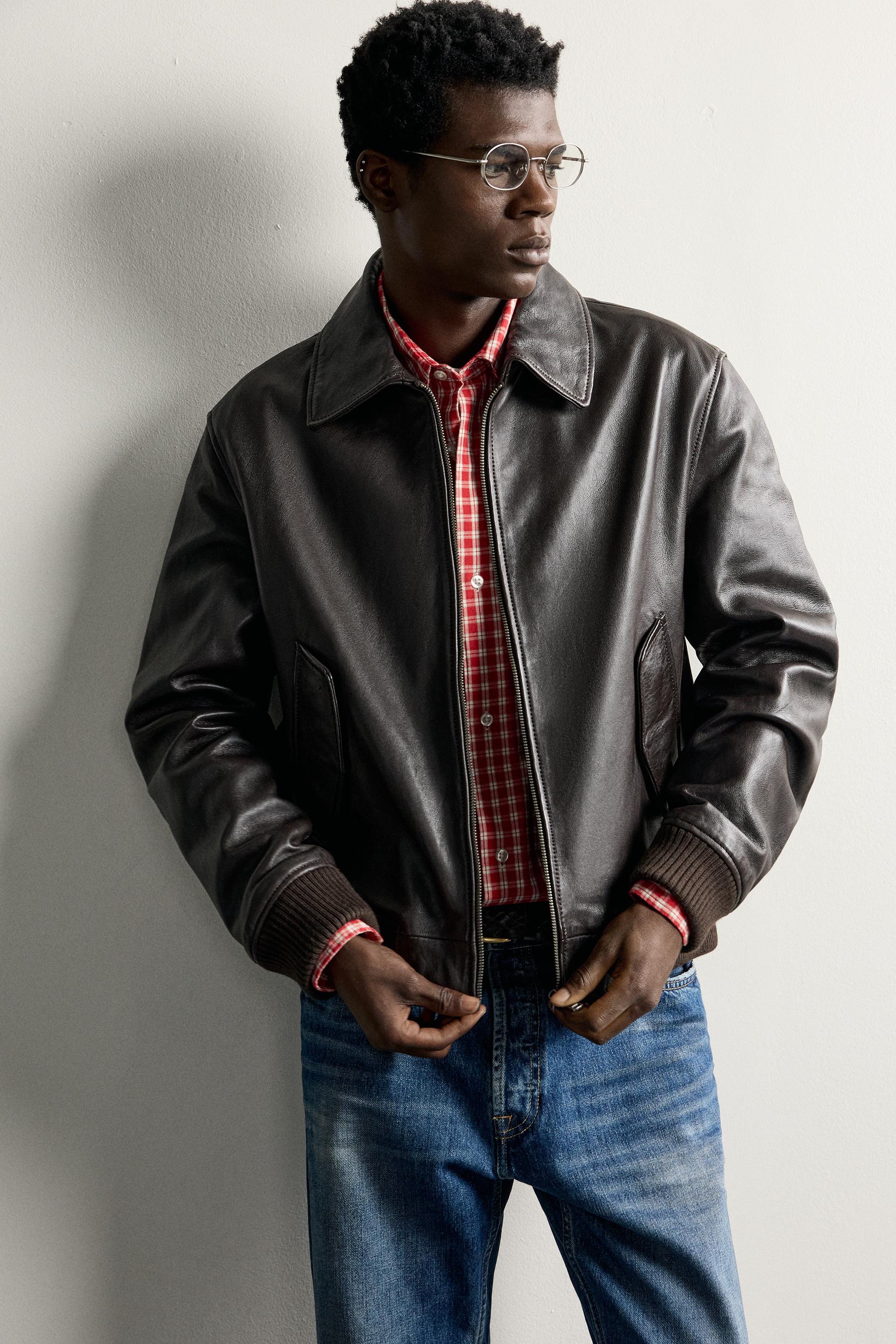 REGULAR FIT LEATHER JACKET — Brown