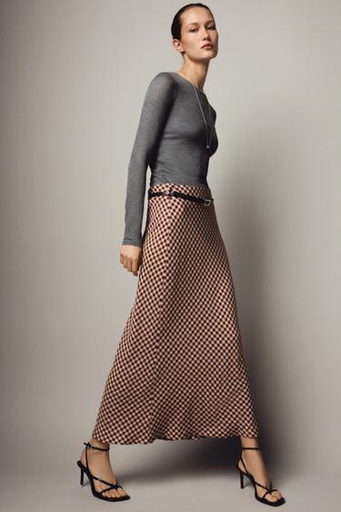 FALDA MIDI CUADRO VICHY - Burgundy de Zara