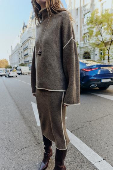 PULL EN MAILLE AVEC LISERÉS EN CONTRASTE - Gris taupe de Zara - Image 5