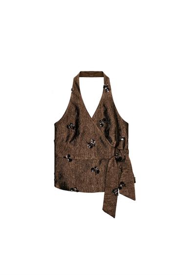 TOP HALTER LENTEJUELAS - Marrón de Zara