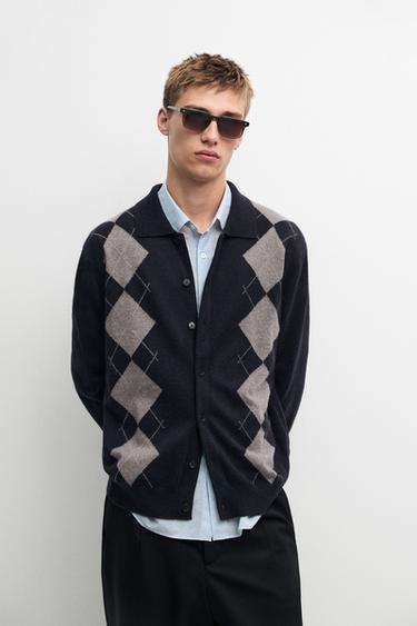 Zara 100% cashmere argyle cardigan with buttons - Navy blue
