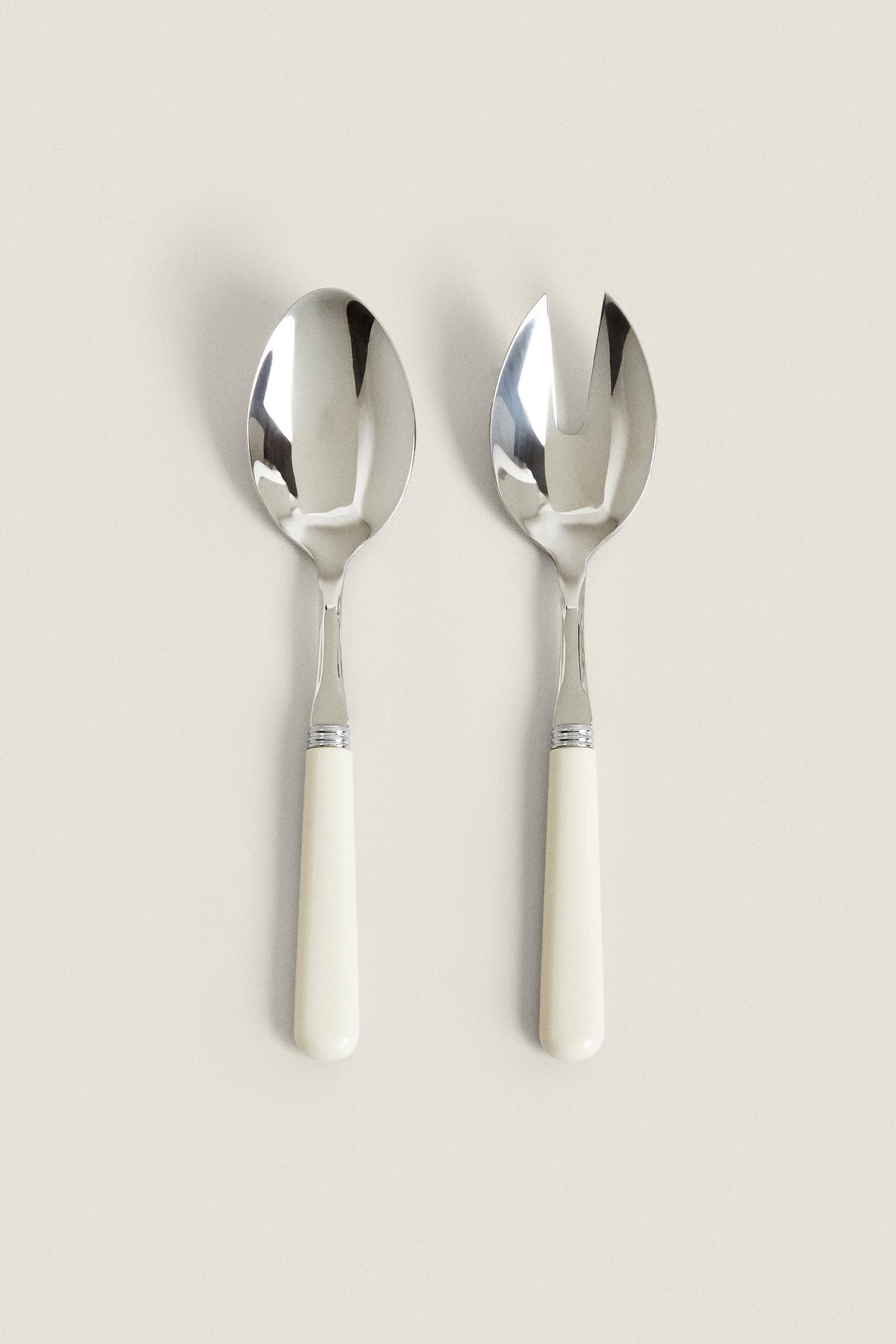 SOLID COLOR HANDLE SALAD CUTLERY SET (SET OF 2) — Cream