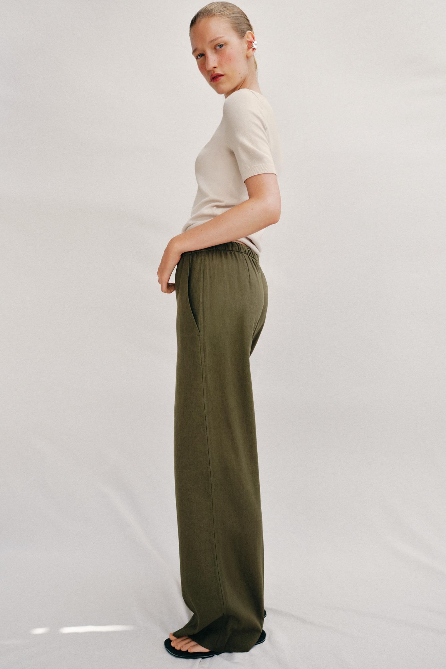 Женские брюки Zara Linen Straight Leg, цвет: Хаки — фото 4