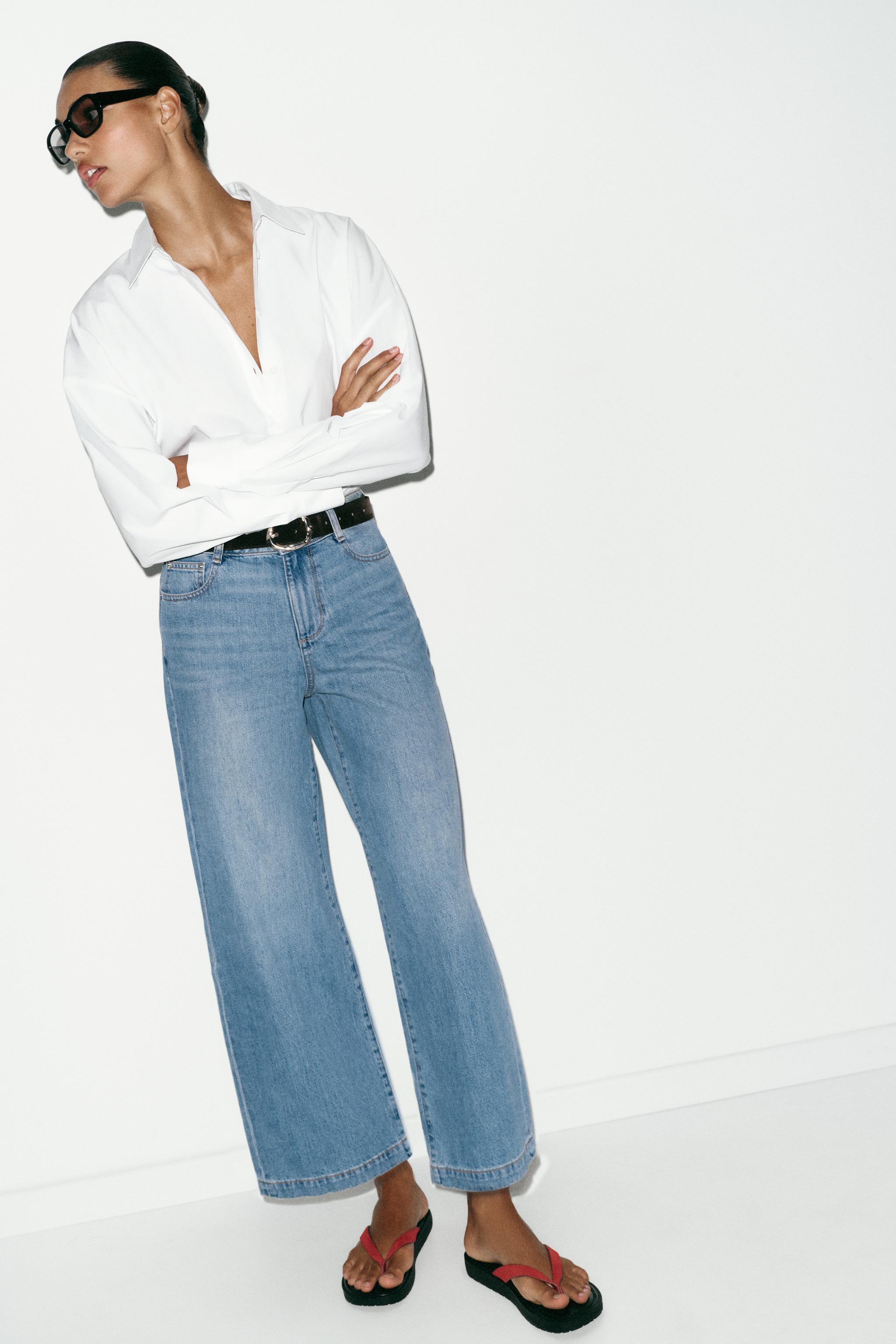 Z.08 BELTED WIDE-LEG CROPPED JEANS - Mid-blue | ZARA Singapore