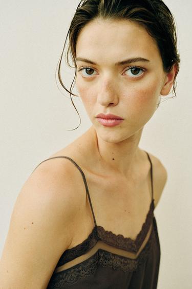 LACE-TRIMMED CAMISOLE TOP - Dark brown by Zara - Image 2