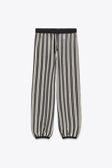 PANTALON RAYÉ À POIGNETS AVEC LIN - Écru / Noir de Zara - Image 5